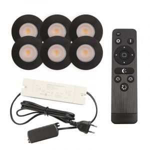 6 zwarte veranda inbouwspots Dico, IP65, incl. aansluitset en afstandbediening