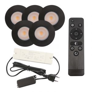 5 zwarte veranda inbouwspots Dico, IP65, incl. aansluitset en afstandbediening