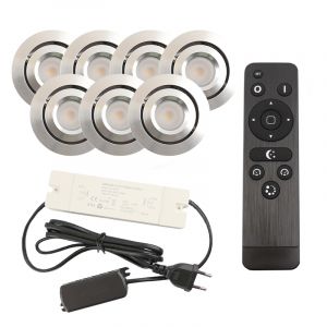 7 kantelbare veranda spots Rona, IP44, met aansluitset en afstandsbediening, geborsteld chroom