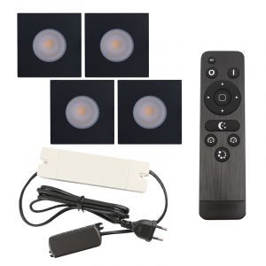 4 vierkante zwarte veranda inbouwspots Dico, IP65, incl. aansluitset en afstandbediening