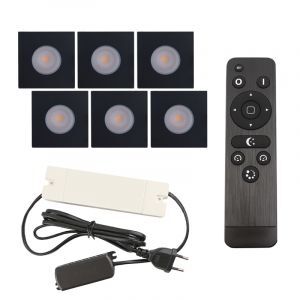 6 vierkante zwarte veranda inbouwspots Dico, IP65, incl. aansluitset en afstandbediening