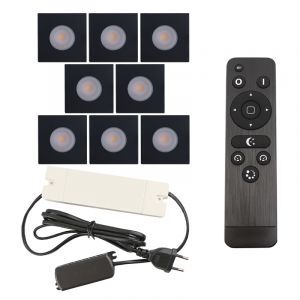 8 vierkante zwarte veranda inbouwspots Dico, IP65, incl. aansluitset en afstandbediening
