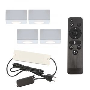4 vierkante witte veranda opbouwspots Fredo, IP44, incl. aansluitset en afstandbediening