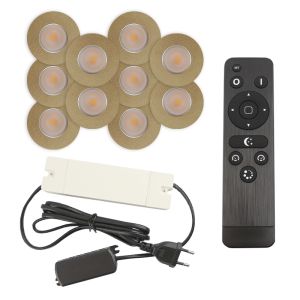 10 messing veranda inbouwspots Dico, IP65, incl. aansluitset en afstandbediening