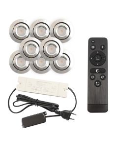 8 kantelbare veranda spots Rona, IP44, met aansluitset en afstandsbediening, geborsteld chroom