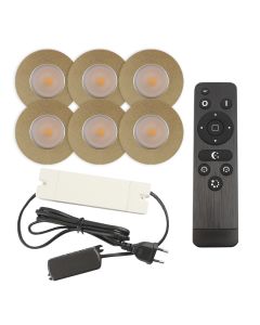 6 messing veranda inbouwspots Dico, IP65, incl. aansluitset en afstandbediening