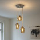 Ronde design hanglamp Lazaro met 3 amberkleurige kappen