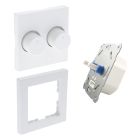 Duo dimmer, switch, met witte afdekraam en centraalplaat
