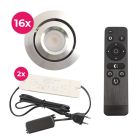 16 kantelbare veranda spots Rona, IP44, met aansluitset en afstandsbediening, geborsteld chroom