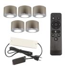 5 ronde geborsteld Chroom veranda opbouwspots Vasso, IP44, incl. aansluitset en afstandbediening