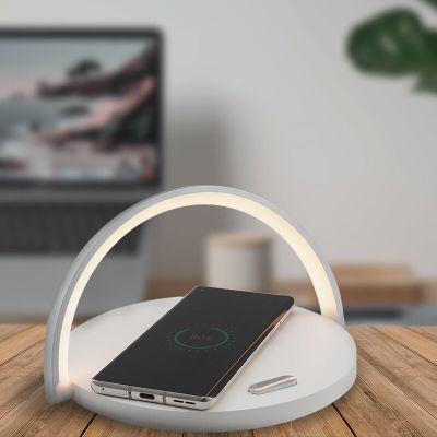 Witte tafellamp Erhan, kunststof, 2w, 3000K LED, met oplaadfunctie voor telefoon