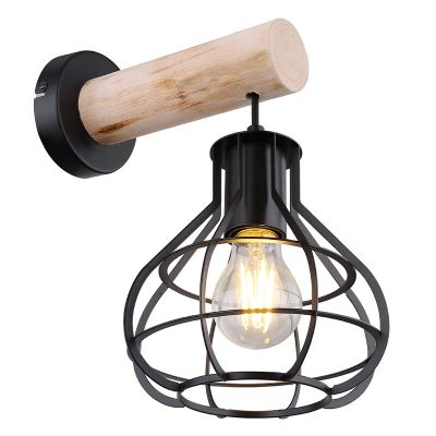 Industriële wandlamp Tijs, zwart, hout