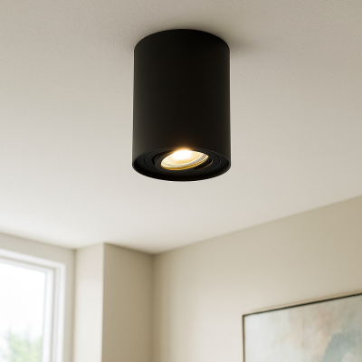 Ronde, zwarte opbouwspot Onno, Richtbaar