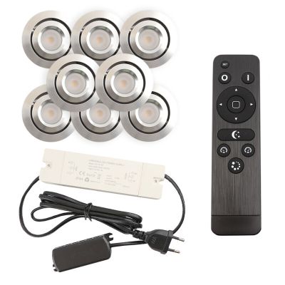 8 kantelbare veranda spots Rona, IP44, met aansluitset en afstandsbediening, geborsteld chroom