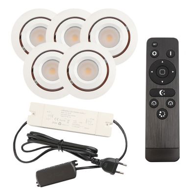 5 kantelbare veranda spots Rona, IP44, met aansluitset en afstandsbediening, wit