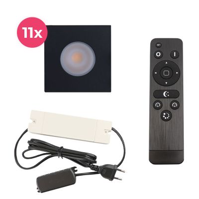11 vierkante zwarte veranda inbouwspots Dico, IP65, incl. aansluitset en afstandbediening