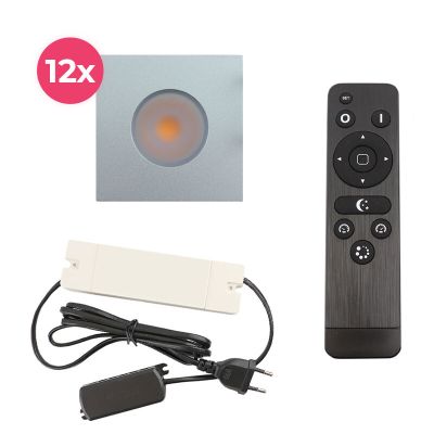 12 vierkante geborsteld Chroom veranda inbouwspots Dico, IP65, incl. aansluitset en afstandbediening