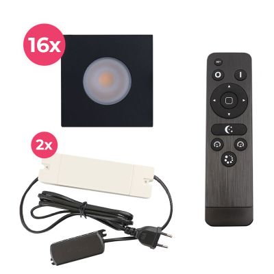 16 vierkante zwarte veranda inbouwspots Dico, IP65, incl. aansluitset en afstandbediening