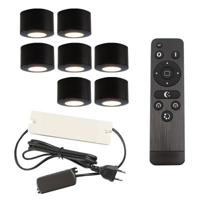 7 ronde zwarte veranda opbouwspots Vasso, IP44, incl. aansluitset en afstandbediening