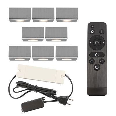 8 vierkante geborsteld Chroom veranda opbouwspots Fredo, IP44, incl. aansluitset en afstandbediening