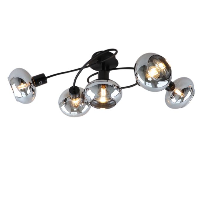 Zwarte plafondlamp Skip, rookglas, design, 5L