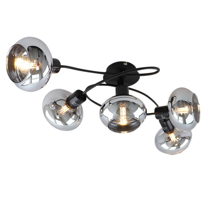 Zwarte plafondlamp Skip, rookglas, design, 5L