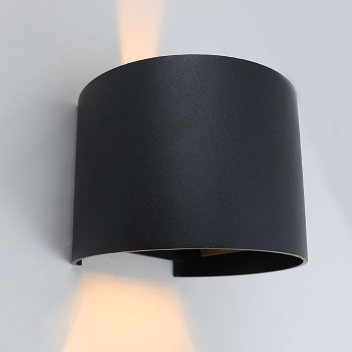 Zwarte up-down wandlamp Dion, 6w, warm wit, rond, IP65