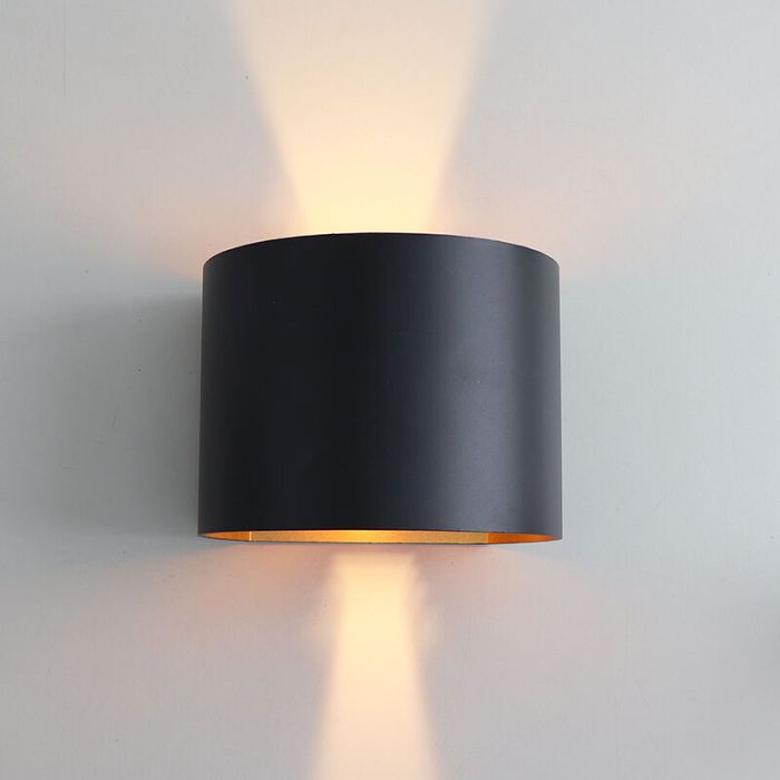 Up down wandlamp zwart met gouden binnenzijde, Dion, 6W, 2700K LED, IP65