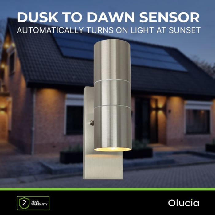 Buiten up-down wandlamp met schemersensor Pedro, roestvrij staal (rvs)