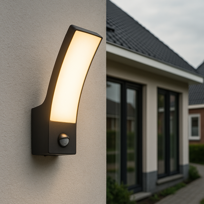 Moderne buiten wandlamp met bewegingssensor zwart, Manel, 12W, 3000K LED, IP44