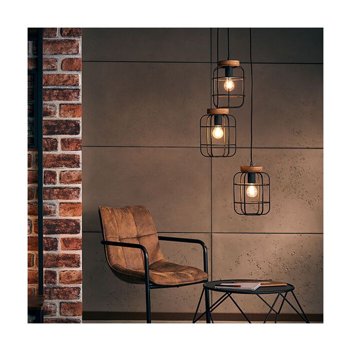 Industriële Hanglamp Taede, Zwart, hout