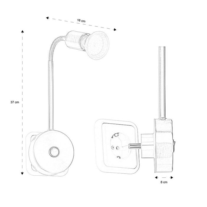 Metalen stopcontact wandlamp chroom, Hayo, met schakelaar