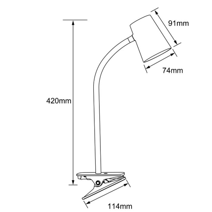 Kunststof klemlamp wit, Musab, 7W, 3000K LED, 3-staps dimbaar