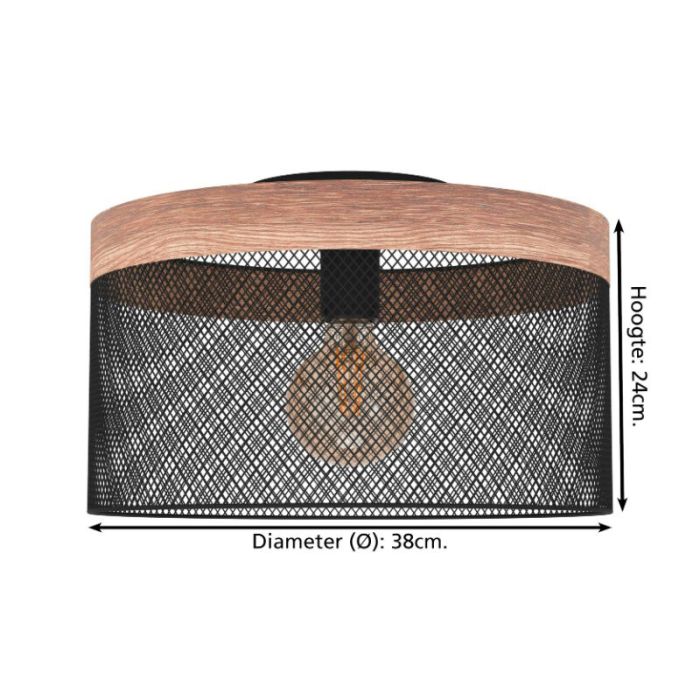 Zwarte industriële plafondlamp hout, Ilkay
