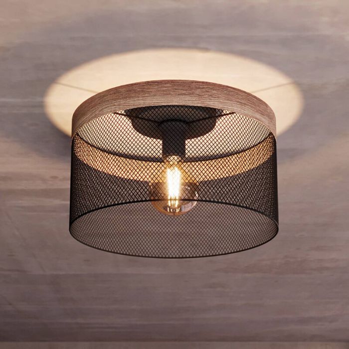 Zwarte industriële plafondlamp hout, Ilkay