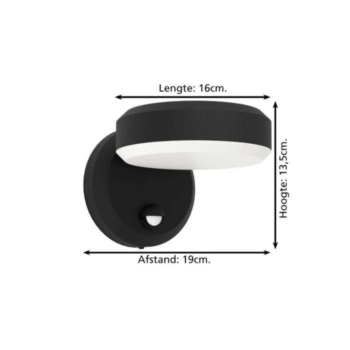Zwarte buiten wandlamp met bewegingssensor kunststof, Gabriella, 3,6W, 3000K LED, IP44