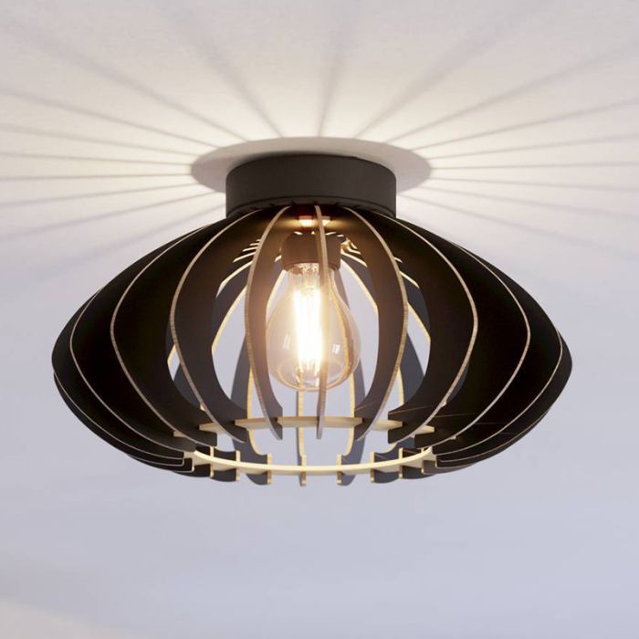 Zwarte industriële plafondlamp hout, Bergama