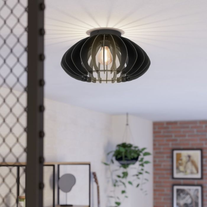 Zwarte industriële plafondlamp hout, Bergama