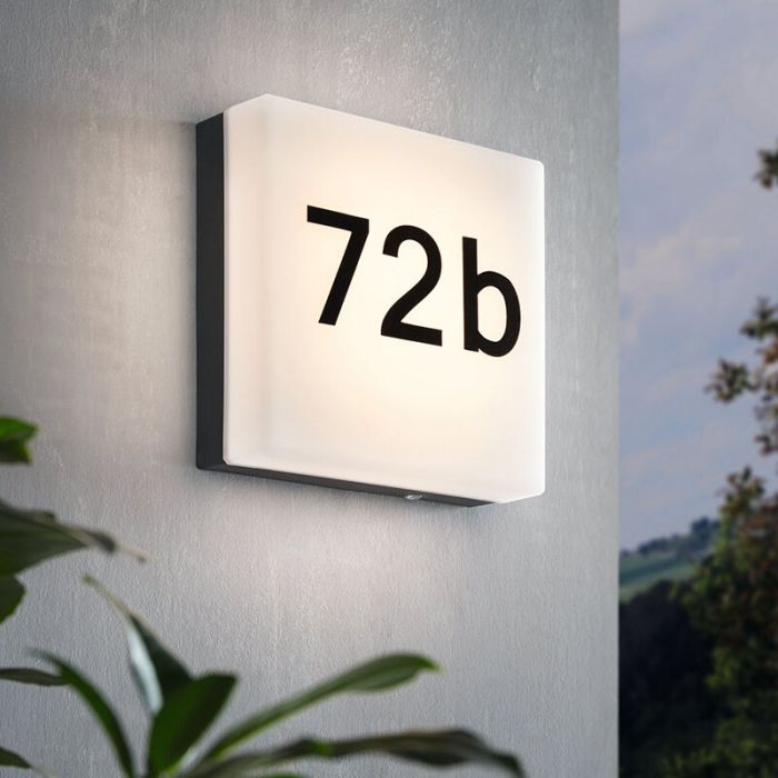 Antraciete moderne huisnummer met verlichting kunststof, Jim, IP44