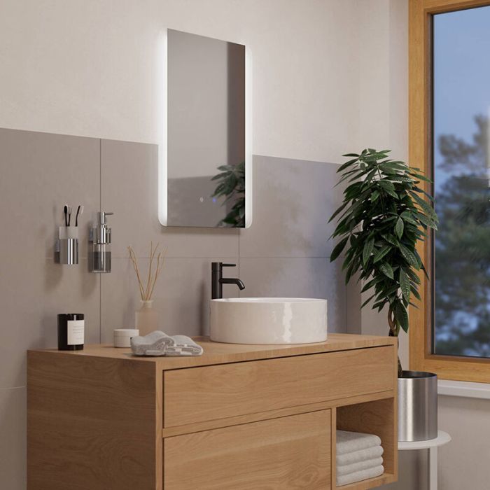 Grijze moderne spiegel met verlichting glas, Bibi, 7,1W, warm tot koud wit verstelbare LED, IP44, met schakelaar