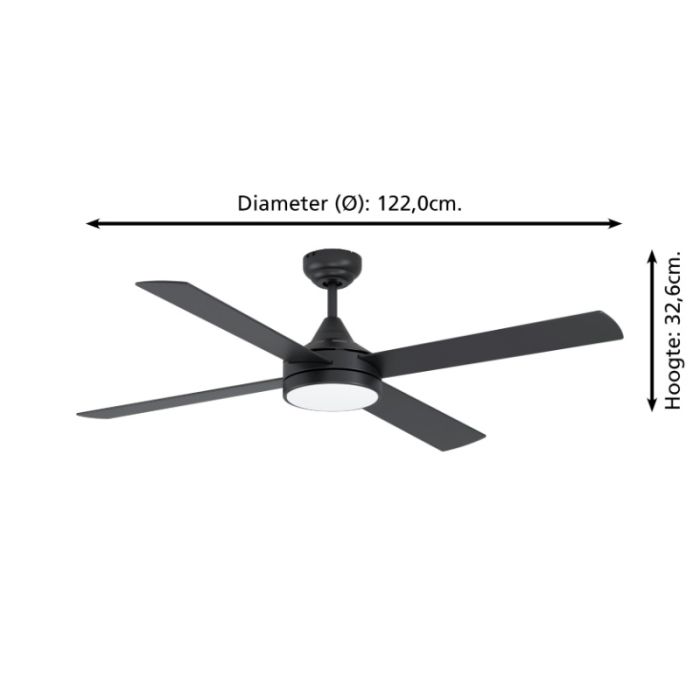 Zwarte moderne plafondventilator staal, Perrine, 20W, warm tot koud wit verstelbare LED, met afstandsbediening