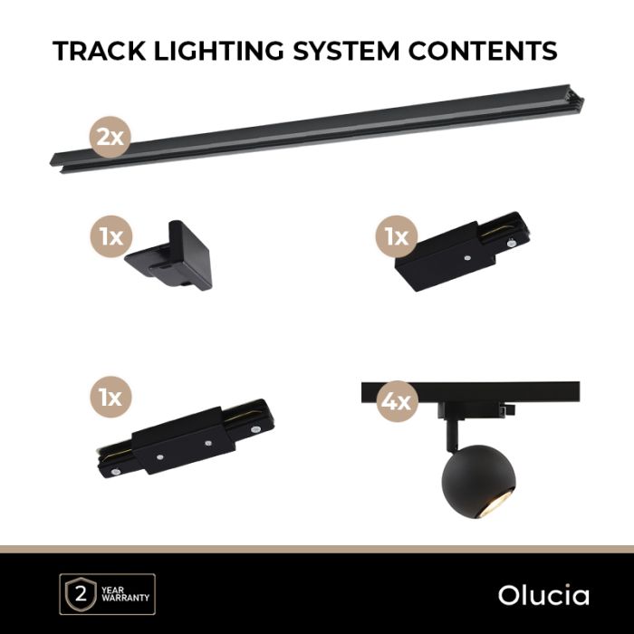 2M zwart 1-fase railverlichting systeem + 4 Alco railspots