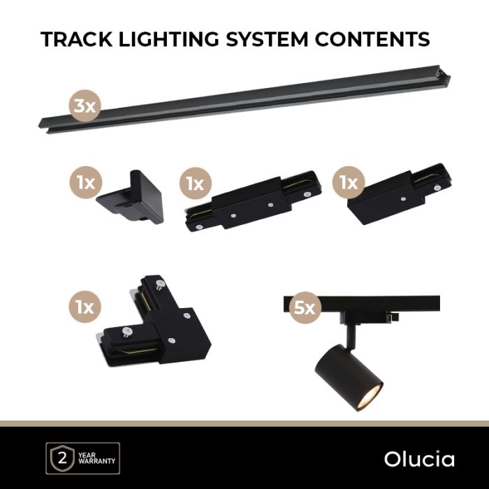 3M zwart 1-fase railverlichting systeem met hoekstuk + 5 Elena railspots