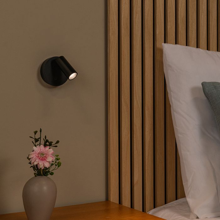 Zwarte oplaadbare wandlamp modern, Toni, 2W, 2700-4000K, met touchdimmer
