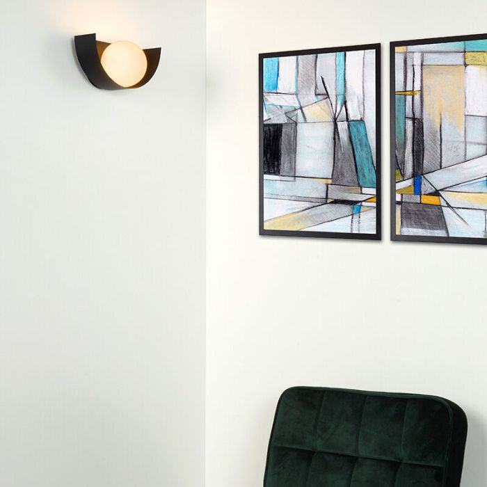 Zwarte retro wandlamp, Benni, glas