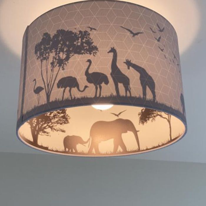 Grijze dieren kinderkamer plafondlamp Safari, Binnenzijde doorschijnend