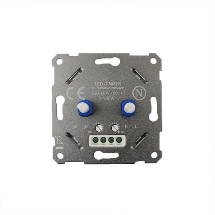 Duo dimmer, switch, met witte afdekraam en centraalplaat