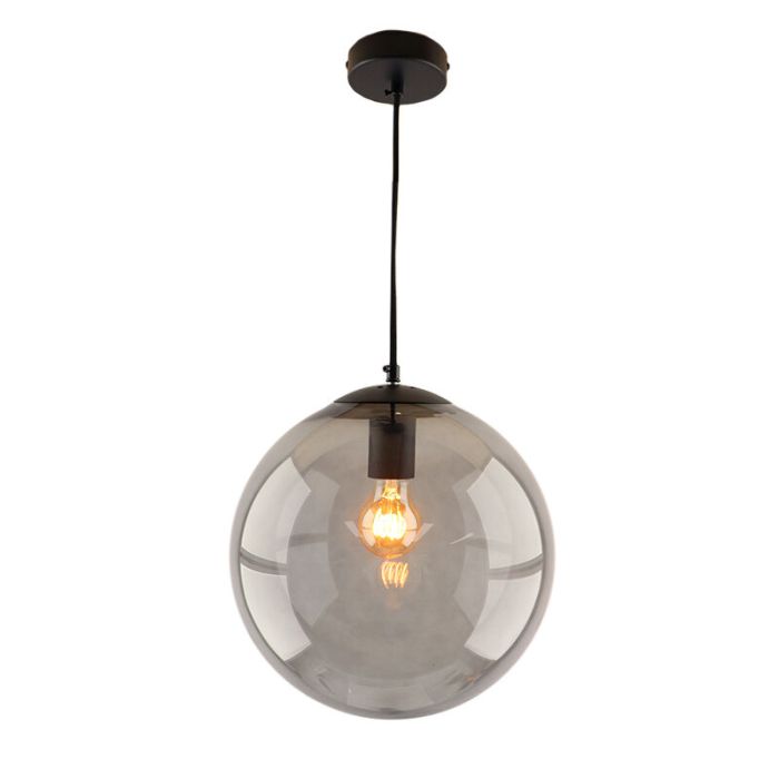 Bol hanglamp Dolf, zwarte ophangpendel, rookglas, 30cm
