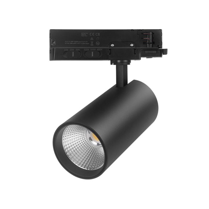 Zwarte 3-fase railsysteem spot, Rozina, 10W/20W/30W, white switch LED