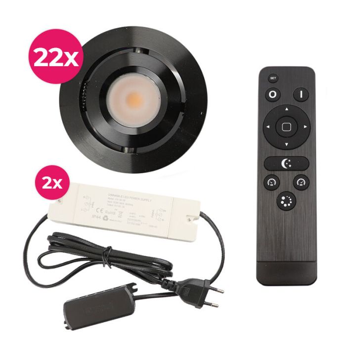 22 kantelbare veranda spots Rona, IP44, met aansluitset en afstandsbediening, zwart